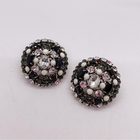 Gold Tone Black Clear Rhinestone Dome Earrings Retro Vibe Super Sparkly - Picture 1 of 5